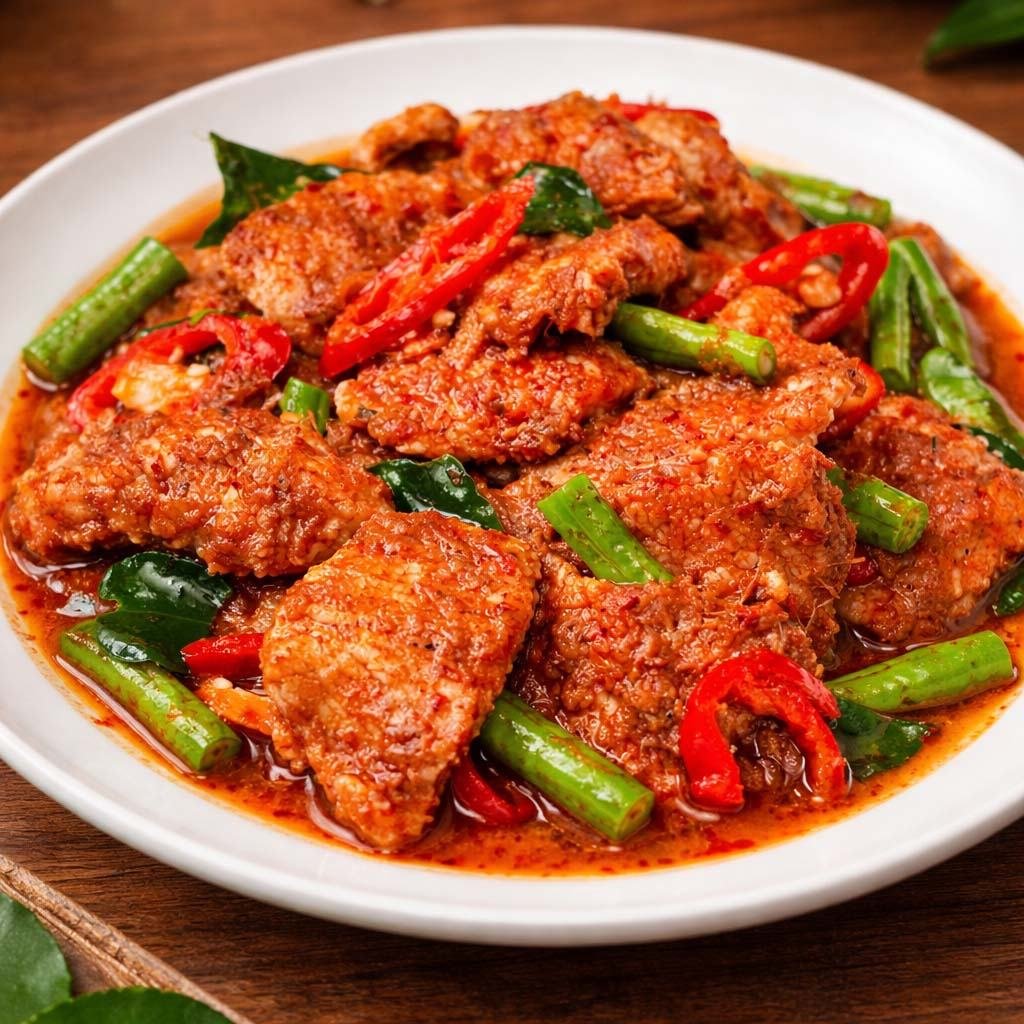 หมูชิ้นผัดพริกแกง