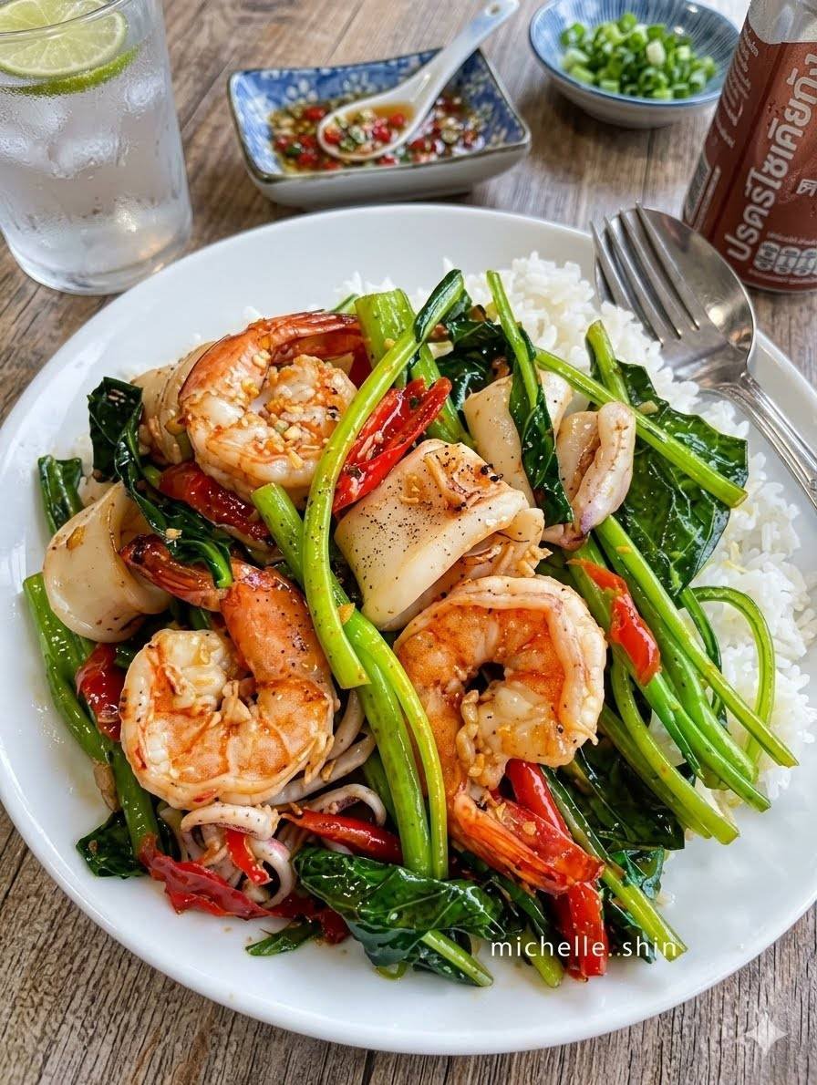 คะน้าทะเลราดข้าว